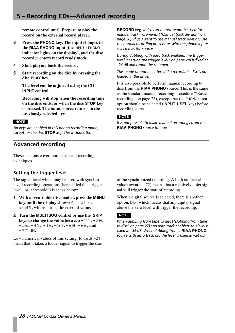 Advanced recording, Setting the trigger level, 5 – recording cds—advanced recording | Sony CC-222 User Manual | Page 28 / 42