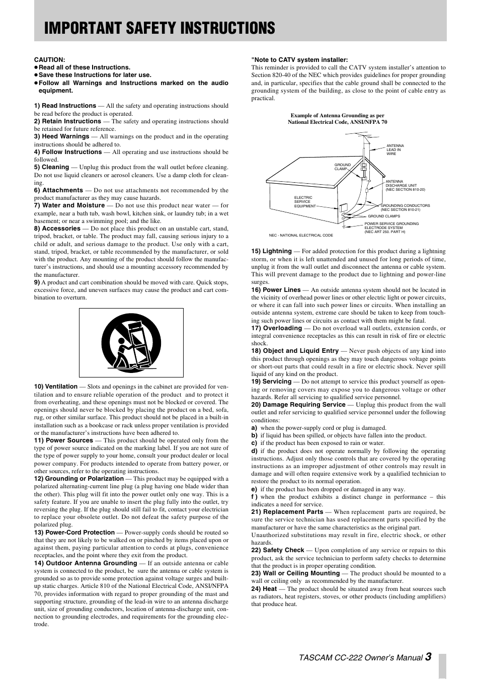 Important safety instructions, Tascam cc-222 owner’s manual | Sony CC-222 User Manual | Page 3 / 42