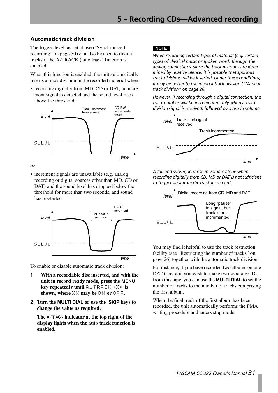 Automatic track division, 5 – recording cds—advanced recording | Sony CC-222 User Manual | Page 31 / 42