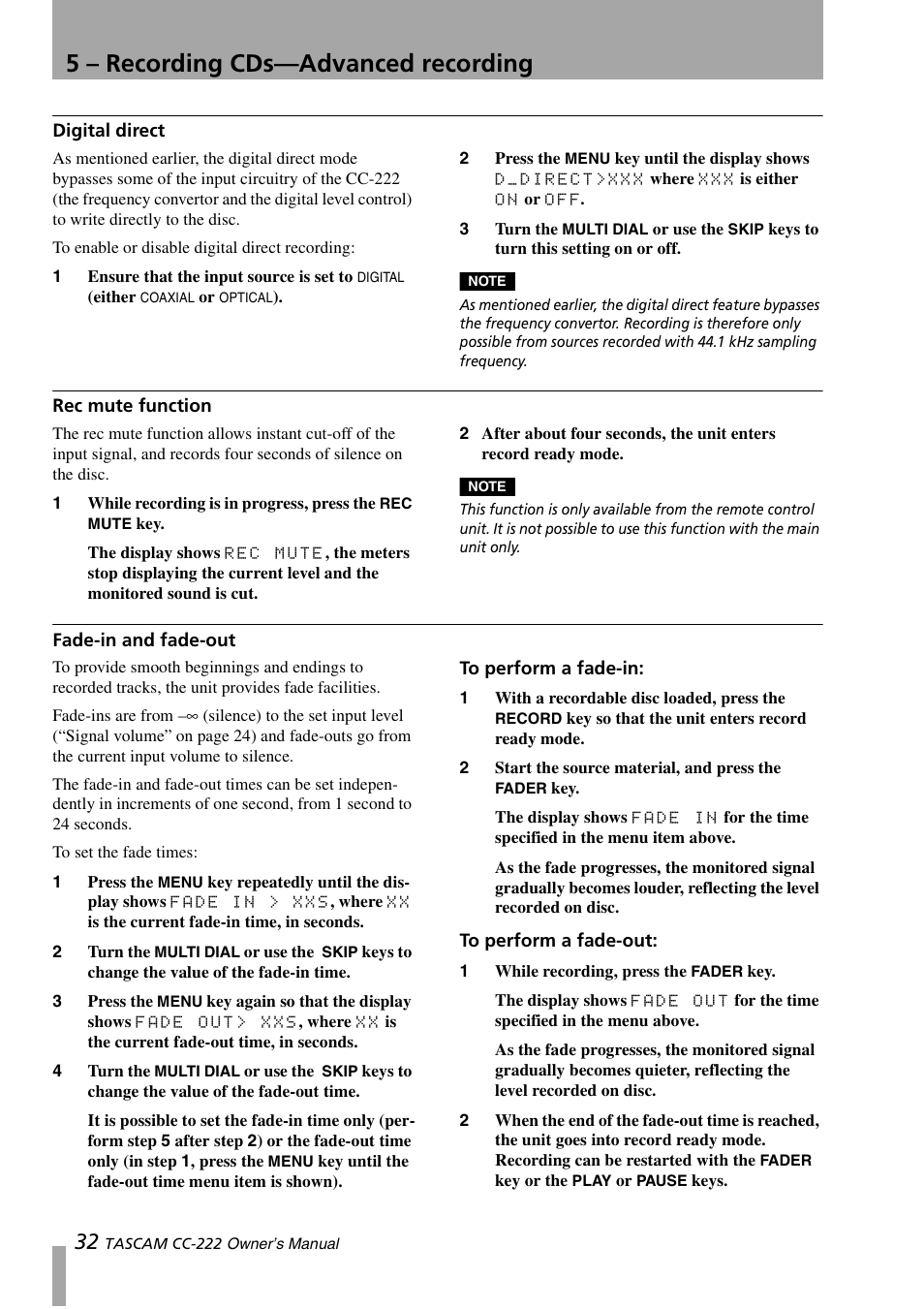 To perform a fade-in: to perform a fade-out, 5 – recording cds—advanced recording | Sony CC-222 User Manual | Page 32 / 42