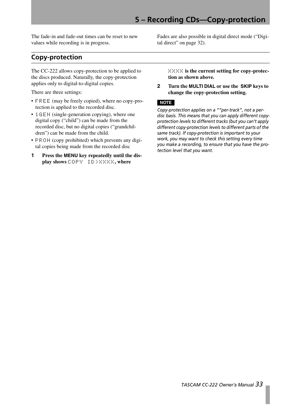 Copy-protection, 5 – recording cds—copy-protection | Sony CC-222 User Manual | Page 33 / 42