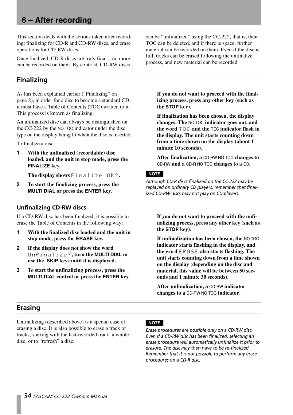 6 – after recording, Finalizing, Unfinalizing cd-rw discs | Erasing, 6, “after recording | Sony CC-222 User Manual | Page 34 / 42