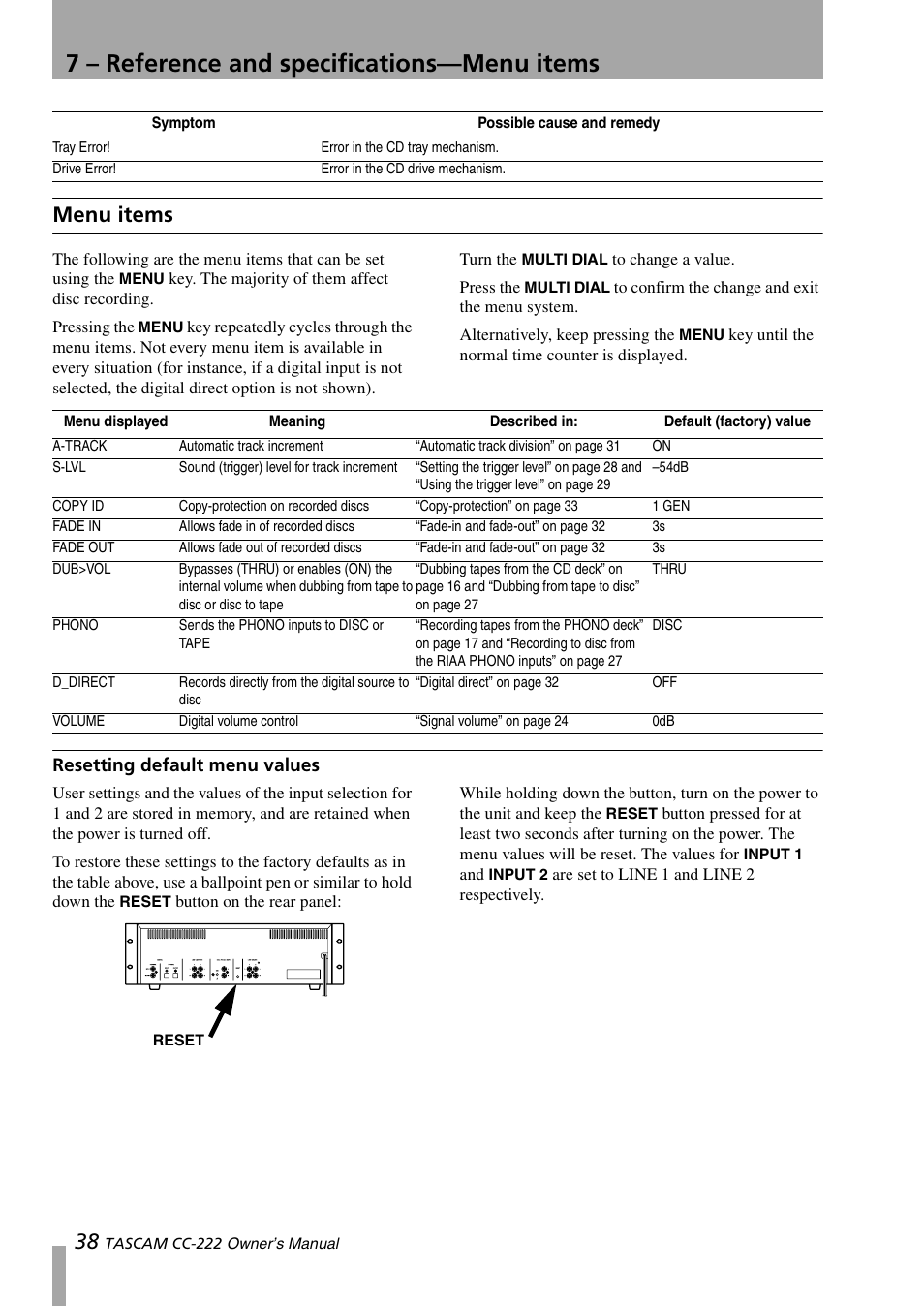 Menu items, Resetting default menu values, 7 – reference and specifications—menu items | Sony CC-222 User Manual | Page 38 / 42
