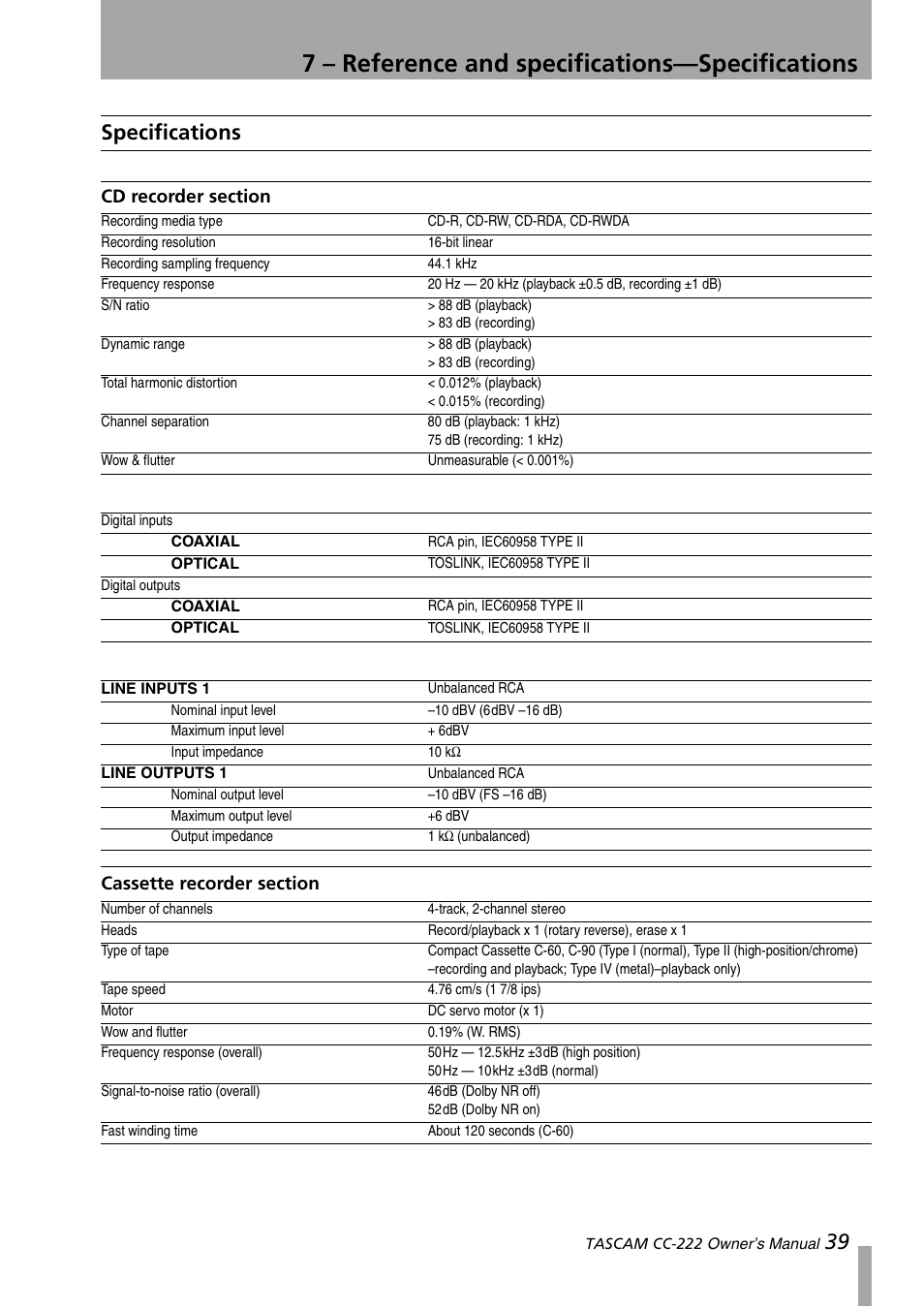 Specifications, Cd recorder section cassette recorder section, 7 – reference and specifications—specifications | 39 specifications | Sony CC-222 User Manual | Page 39 / 42