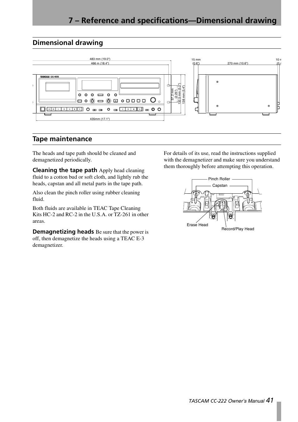 Dimensional drawing tape maintenance, Cleaning the tape path demagnetizing heads, 41 dimensional drawing tape maintenance | Cleaning the tape path, Demagnetizing heads | Sony CC-222 User Manual | Page 41 / 42