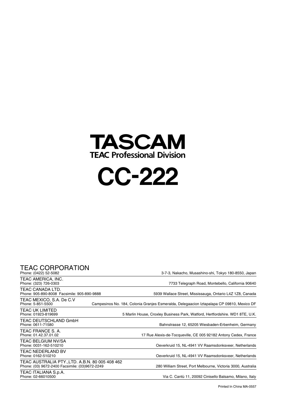 Cc-222, Teac corporation | Sony CC-222 User Manual | Page 42 / 42