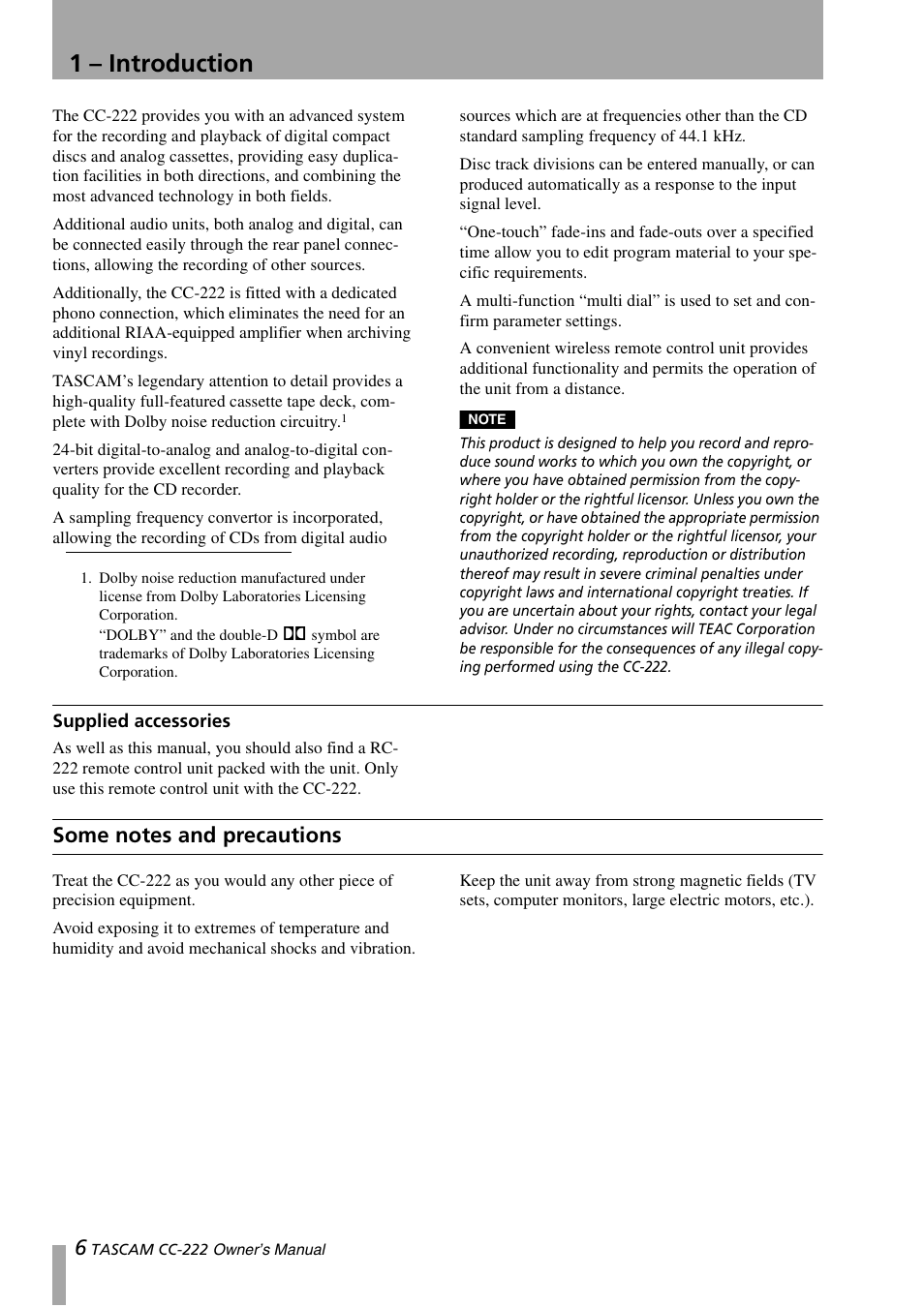 1 – introduction, Supplied accessories, Some notes and precautions | Sony CC-222 User Manual | Page 6 / 42