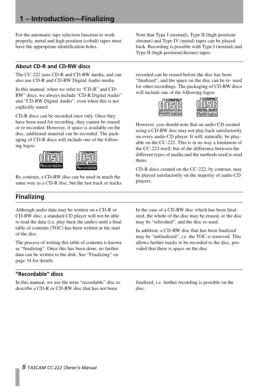 About cd-r and cd-rw discs, Finalizing, Recordable” discs | 1 – introduction—finalizing | Sony CC-222 User Manual | Page 8 / 42