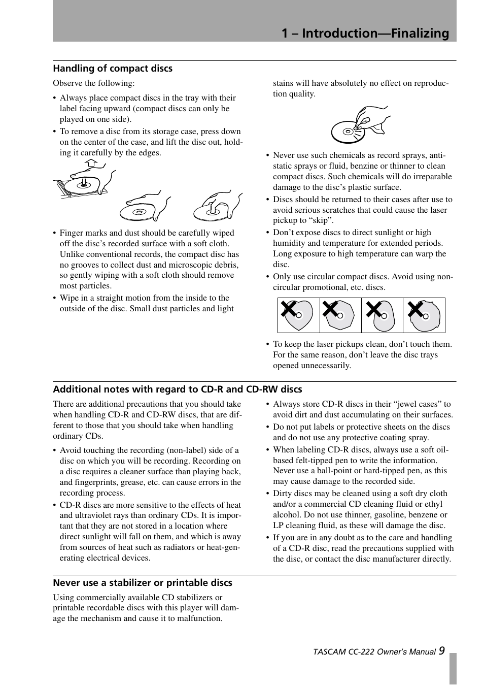 Cd-rw discs, Never use a stabilizer or printable discs, 1 – introduction—finalizing | Sony CC-222 User Manual | Page 9 / 42
