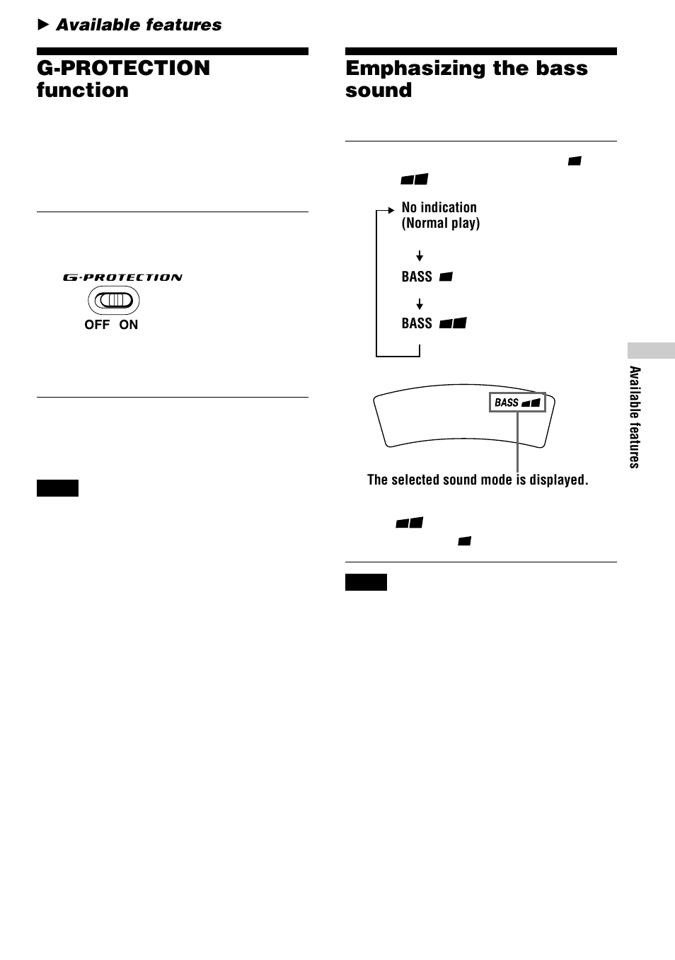 Available features, G-protection function, Emphasizing the bass sound (sound) | 11 emphasizing the bass sound | Sony D-EJ623 User Manual | Page 11 / 24