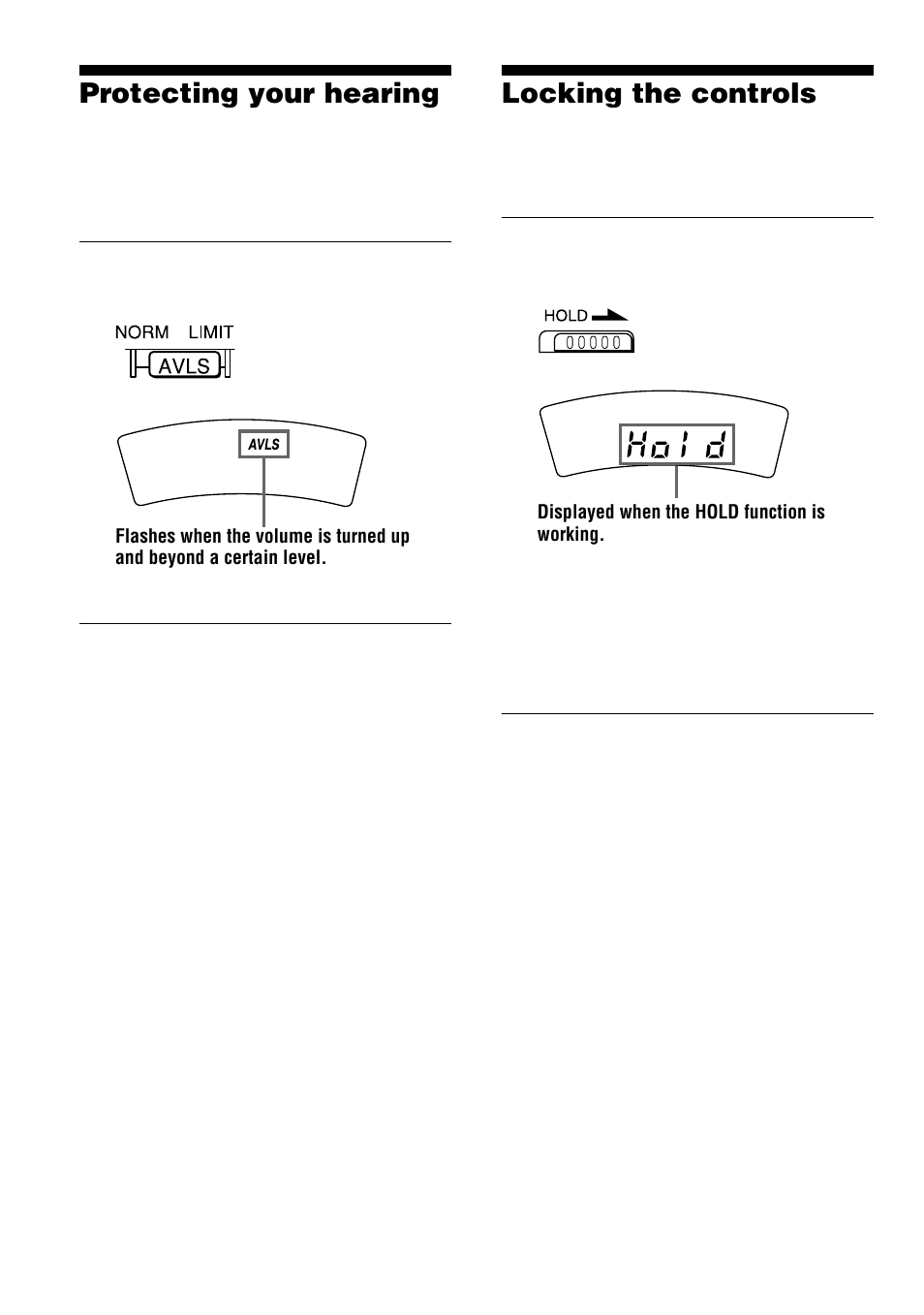Protecting your hearing (avls), Locking the controls (hold), 12 protecting your hearing | Locking the controls | Sony D-EJ623 User Manual | Page 12 / 24