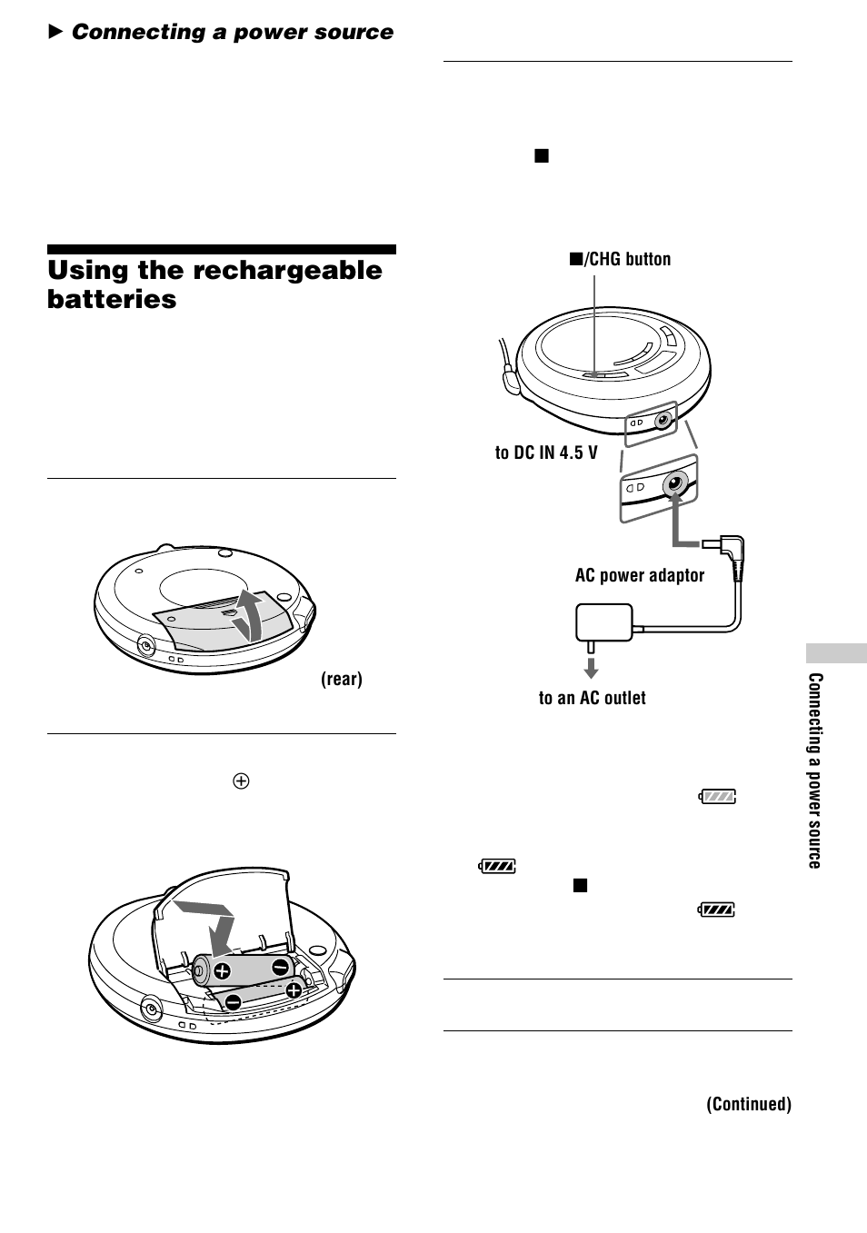Connecting a power source, Using the rechargeable batteries | Sony D-EJ623 User Manual | Page 15 / 24