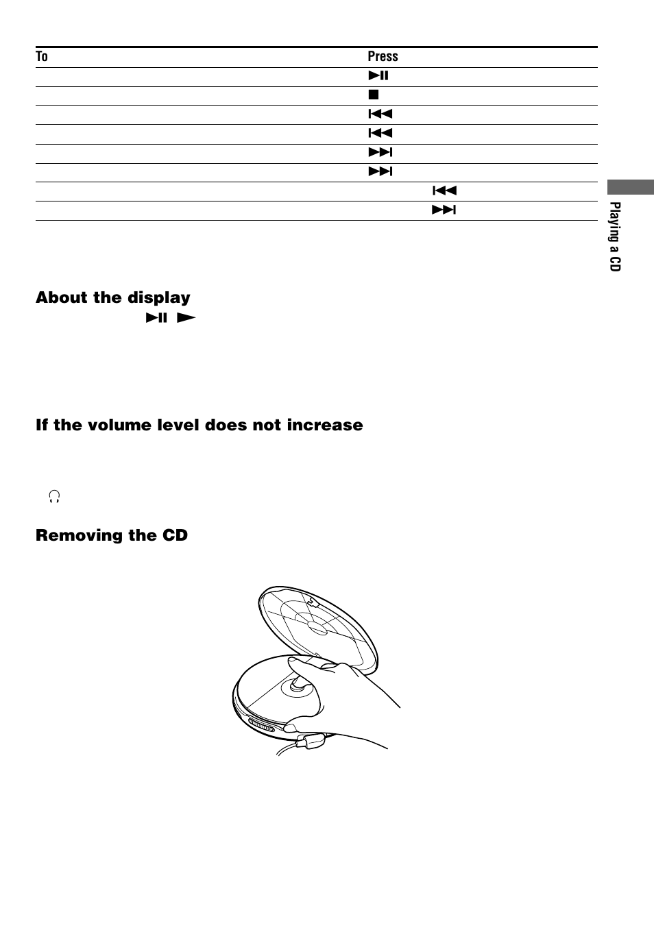 About the display, If the volume level does not increase, Removing the cd | Sony D-EJ623 User Manual | Page 7 / 24