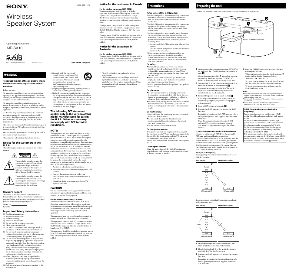 Sony AIRSA10 User Manual | 2 pages