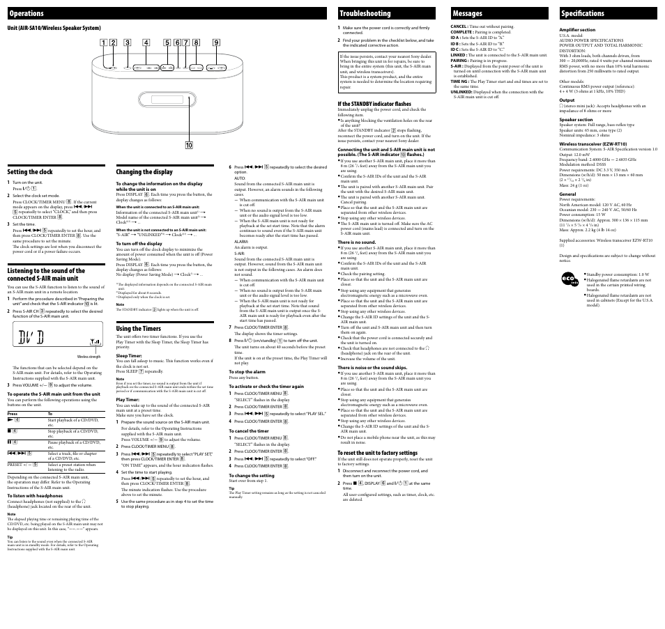 Operations, Troubleshooting, Messages | Specifications, Setting the clock, Changing the display, Using the timers | Sony AIRSA10 User Manual | Page 2 / 2