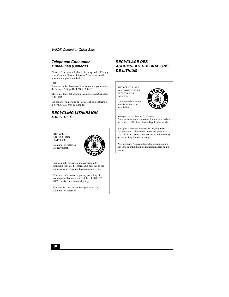10 telephone consumer guidelines (canada) | Sony PCG-V505DH User Manual | Page 10 / 40