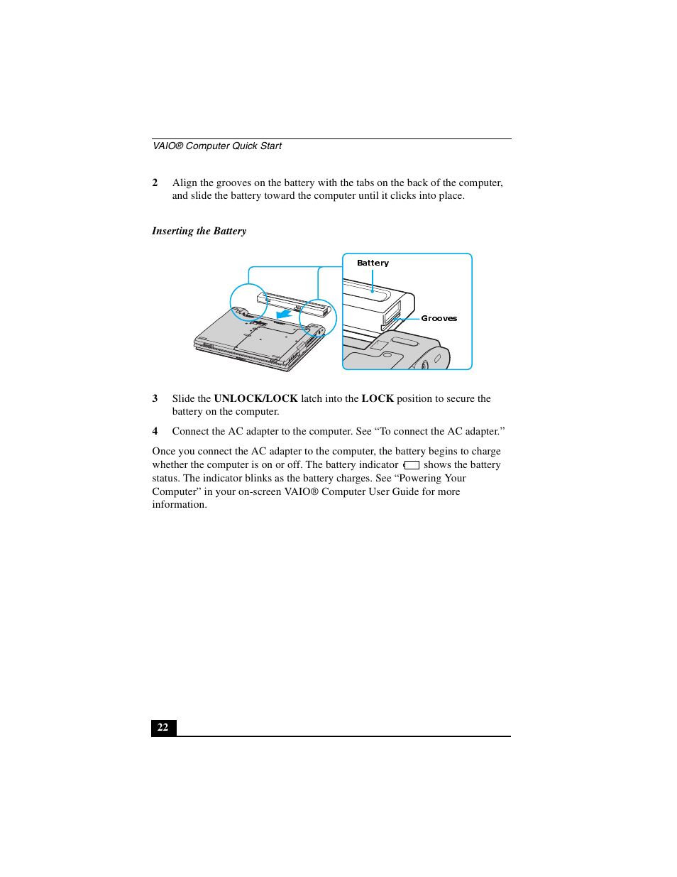 Battery grooves | Sony PCG-V505DH User Manual | Page 22 / 40