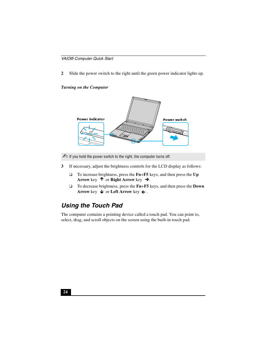 Using the touch pad | Sony PCG-V505DH User Manual | Page 24 / 40