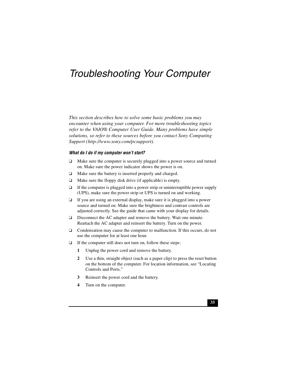 Troubleshooting your computer | Sony PCG-V505DH User Manual | Page 35 / 40