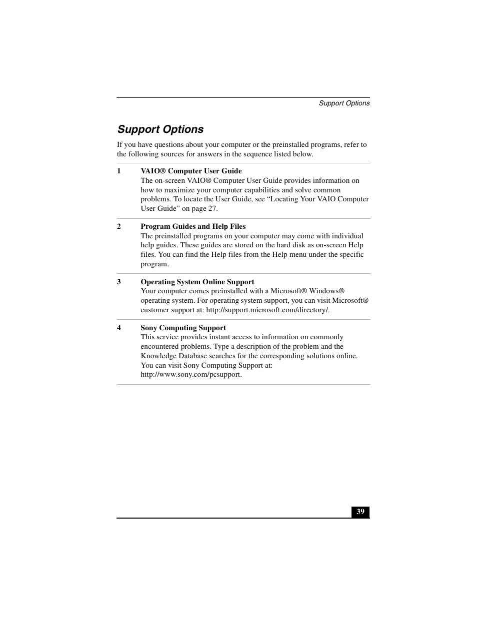 Support options | Sony PCG-V505DH User Manual | Page 39 / 40