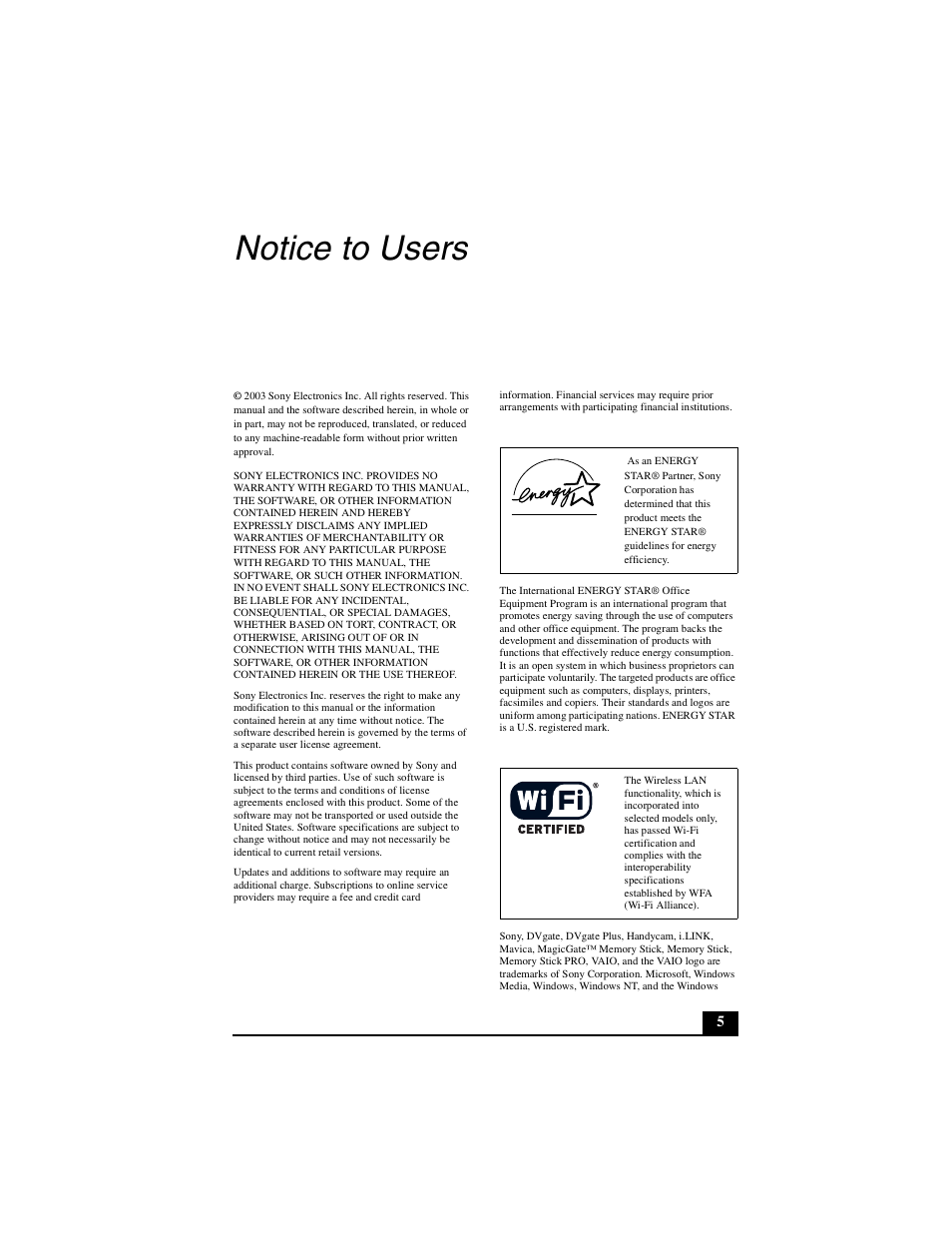 Notice to users | Sony PCG-V505DH User Manual | Page 5 / 40