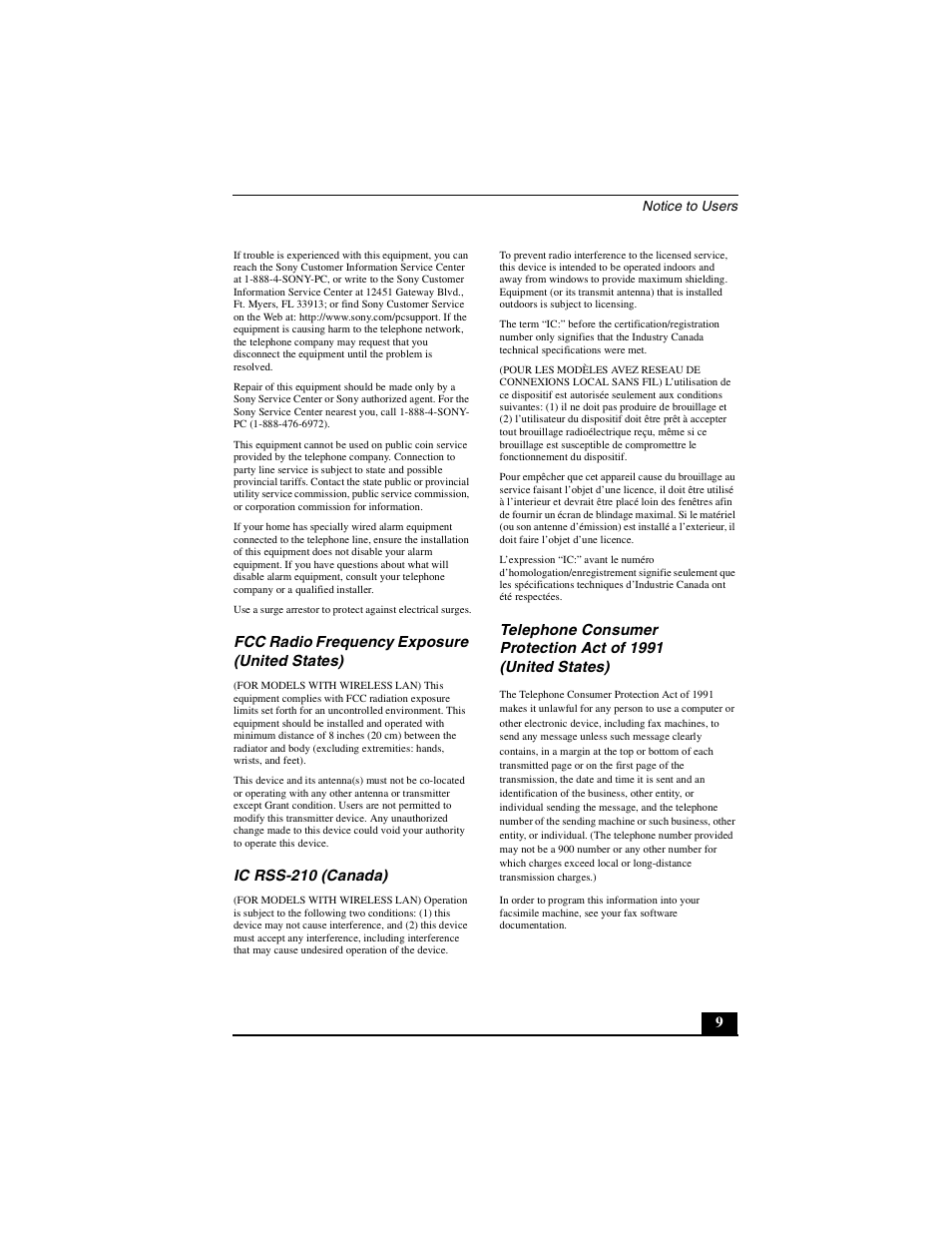 Fcc radio frequency exposure (united states), Ic rss-210 (canada) | Sony PCG-V505DH User Manual | Page 9 / 40