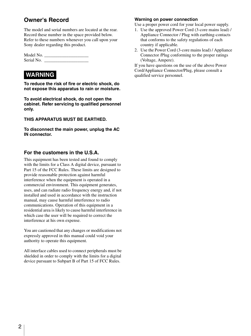 Owner's record, Warning | Sony UP-DR150 User Manual | Page 2 / 34