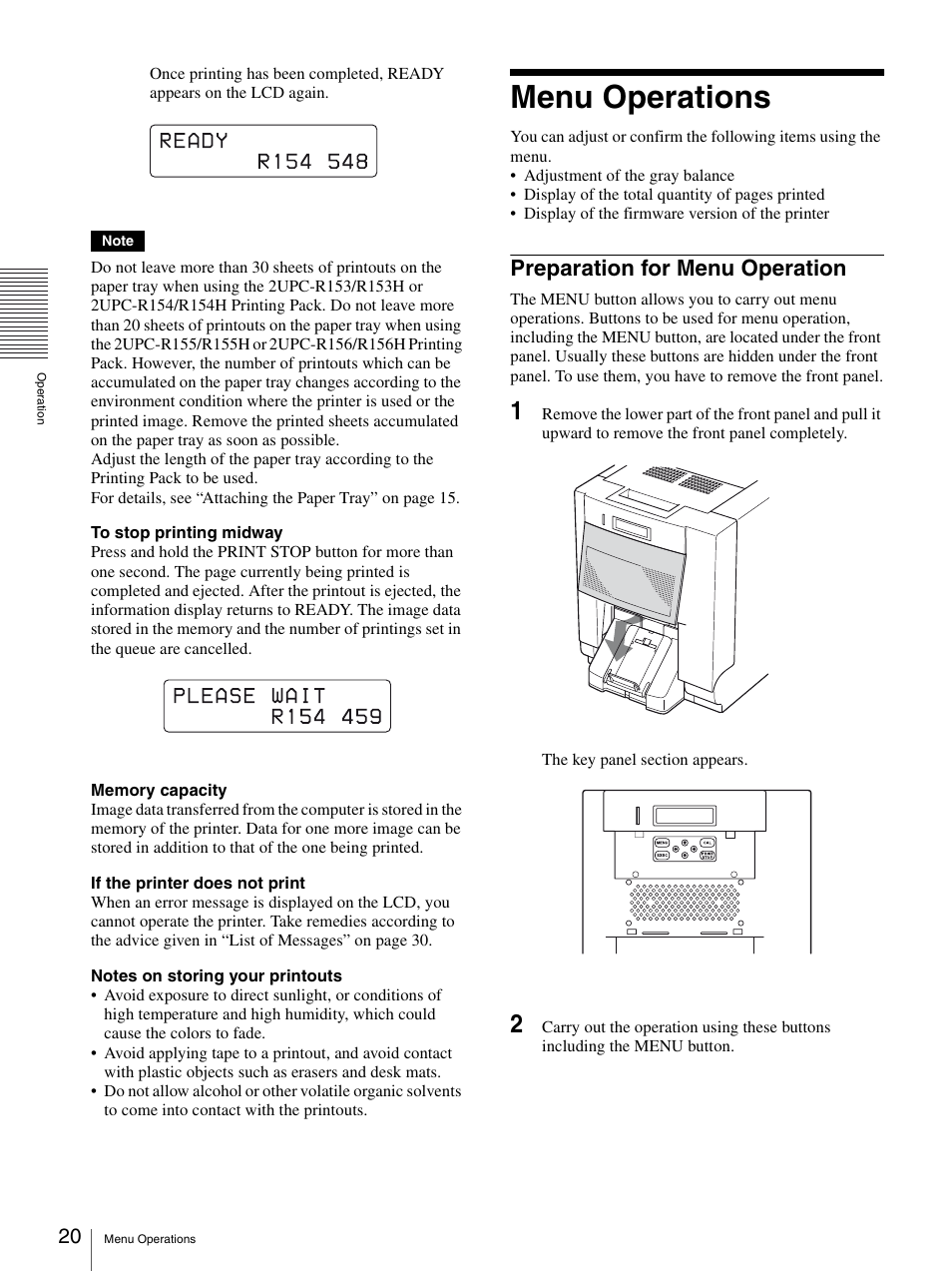 Menu operations, Preparation for menu operation | Sony UP-DR150 User Manual | Page 20 / 34