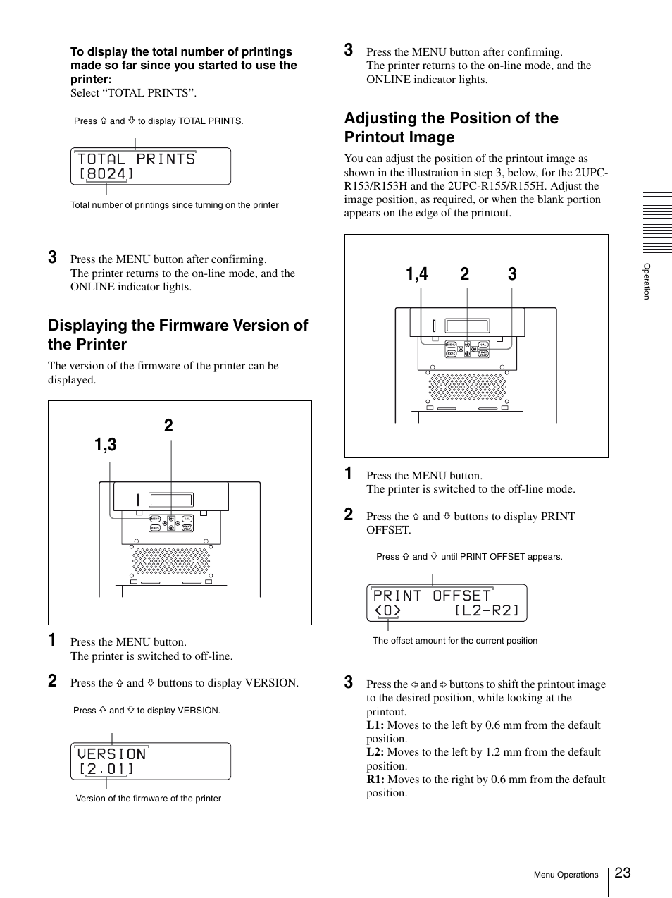 Displaying the firmware version of the printer, Adjusting the position of the printout image | Sony UP-DR150 User Manual | Page 23 / 34
