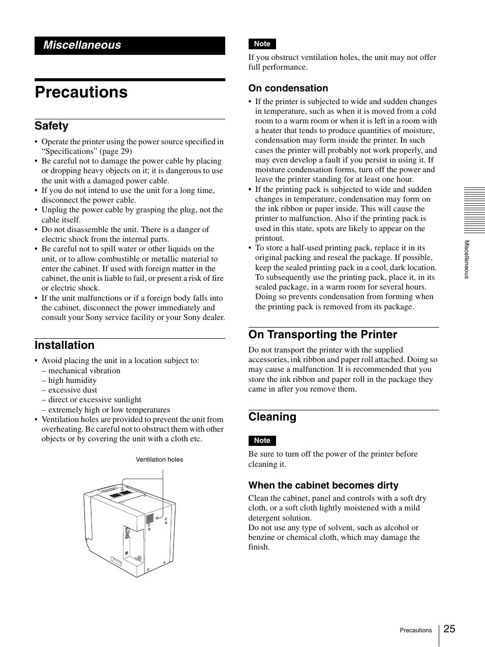 Miscellaneous, Precautions, Safety | Installation, On transporting the printer, Cleaning | Sony UP-DR150 User Manual | Page 25 / 34