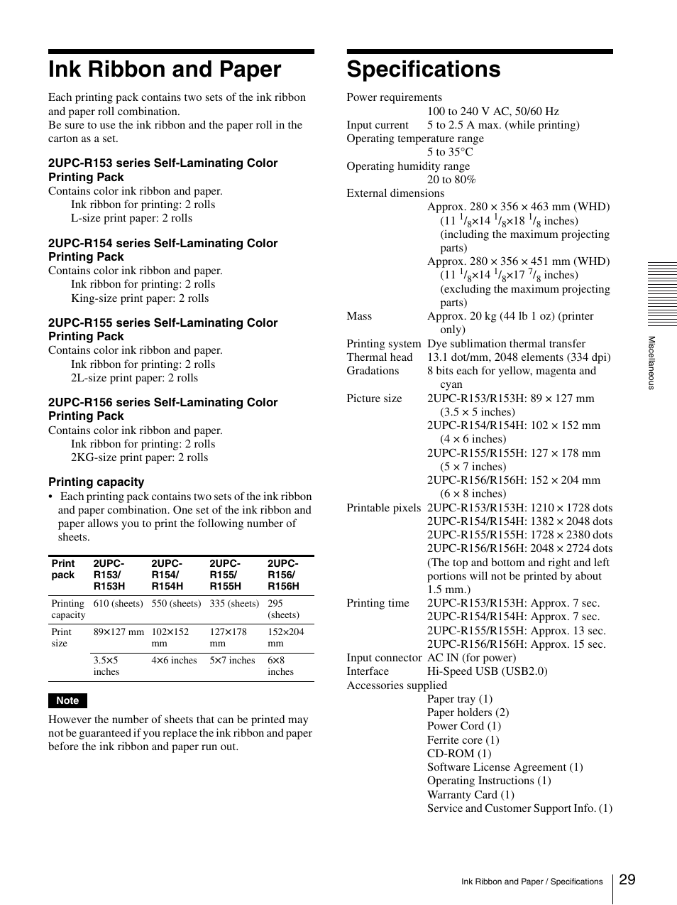 Ink ribbon and paper, Specifications, Ink ribbon and paper specifications | Sony UP-DR150 User Manual | Page 29 / 34