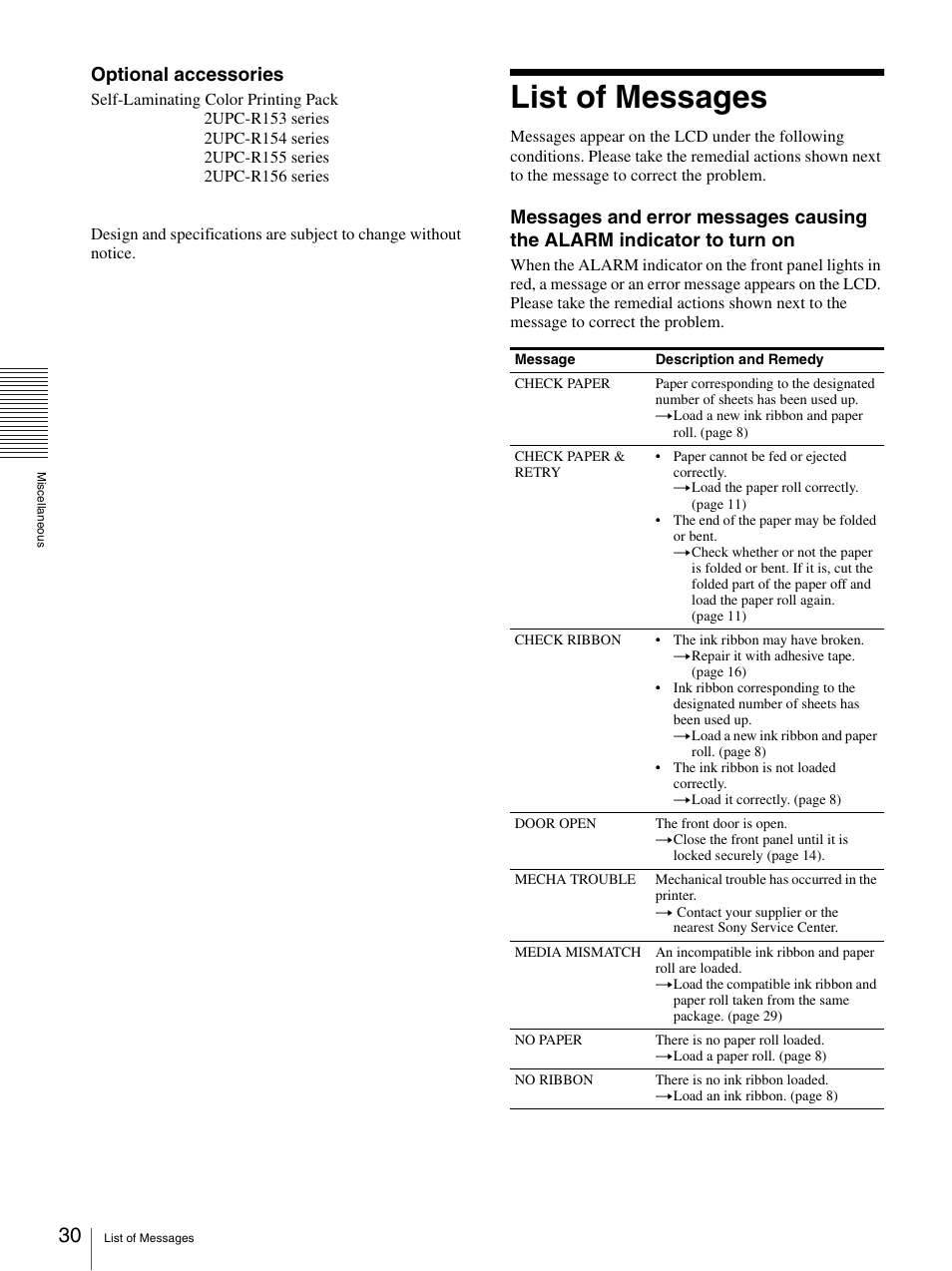 List of messages, Optional accessories | Sony UP-DR150 User Manual | Page 30 / 34