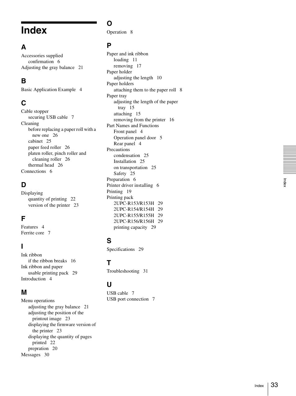 Index | Sony UP-DR150 User Manual | Page 33 / 34