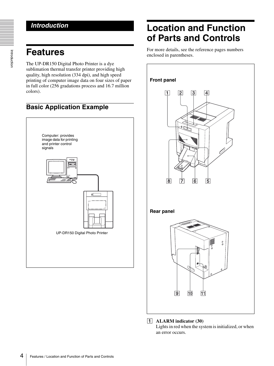 Introduction, Features, Basic application example | Location and function of parts and controls | Sony UP-DR150 User Manual | Page 4 / 34