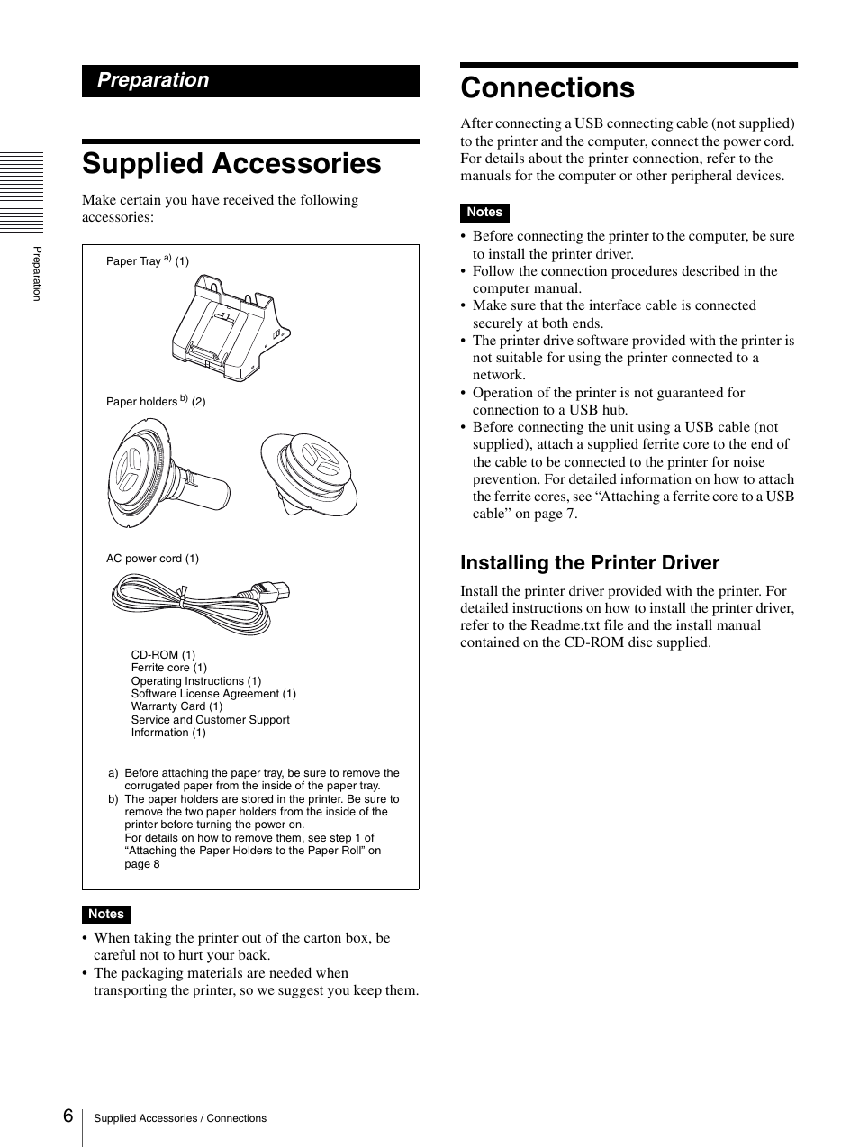 Preparation, Supplied accessories, Connections | Installing the printer driver, Supplied accessories connections, Ector (6) | Sony UP-DR150 User Manual | Page 6 / 34