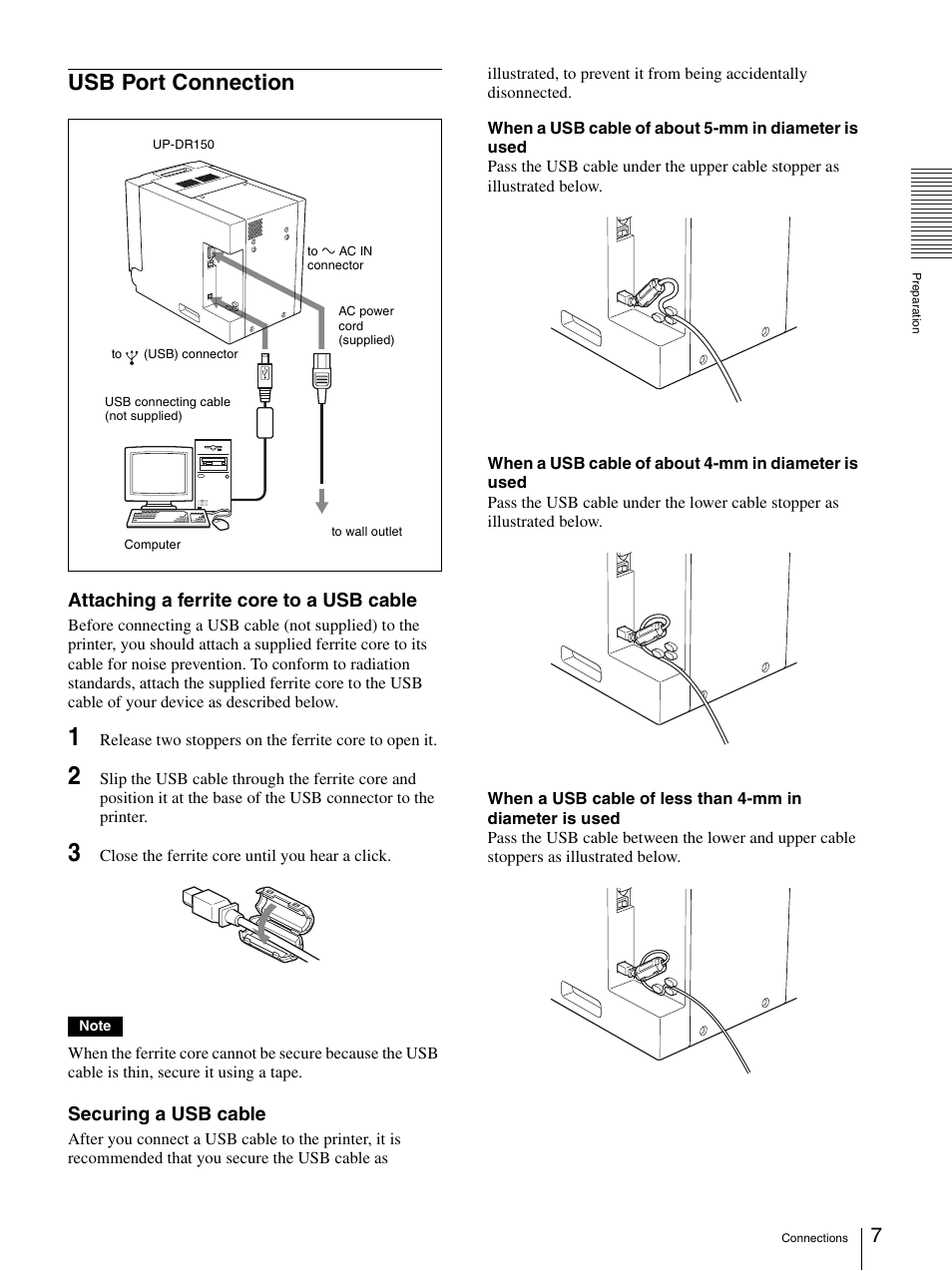 Usb port connection, Ector (7), Attaching a ferrite core to a usb cable | Securing a usb cable | Sony UP-DR150 User Manual | Page 7 / 34