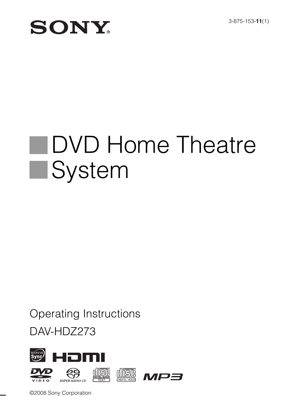 Sony Bravia Theater DAVHDZ273 User Manual | 92 pages