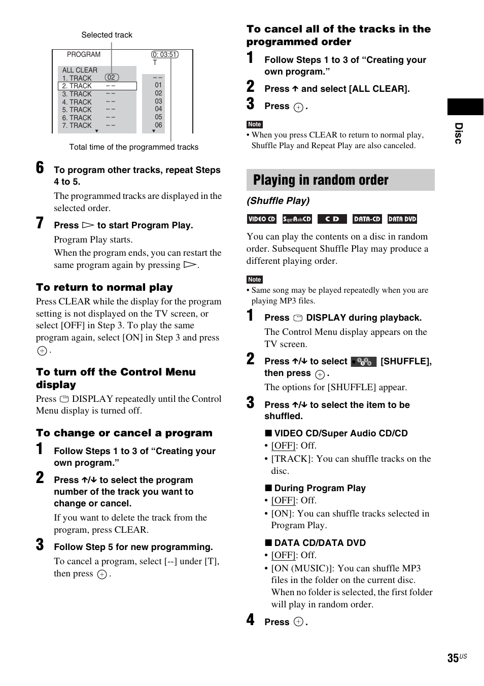 Playing in random order | Sony Bravia Theater DAVHDZ273 User Manual | Page 35 / 92