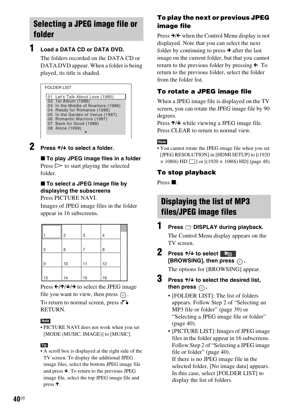 Selecting a jpeg image file or folder, Displaying the list of mp3 files/jpeg image files | Sony Bravia Theater DAVHDZ273 User Manual | Page 40 / 92