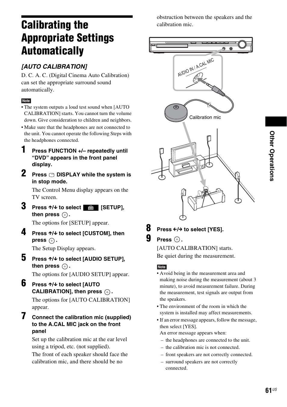 Calibrating the appropriate settings automatically, Calibrating the appropriate settings, Automatically | Sony Bravia Theater DAVHDZ273 User Manual | Page 61 / 92