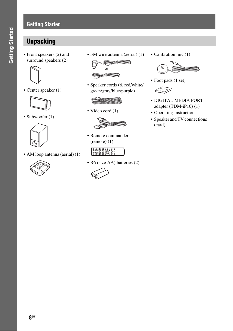 Getting started, Unpacking | Sony Bravia Theater DAVHDZ273 User Manual | Page 8 / 92