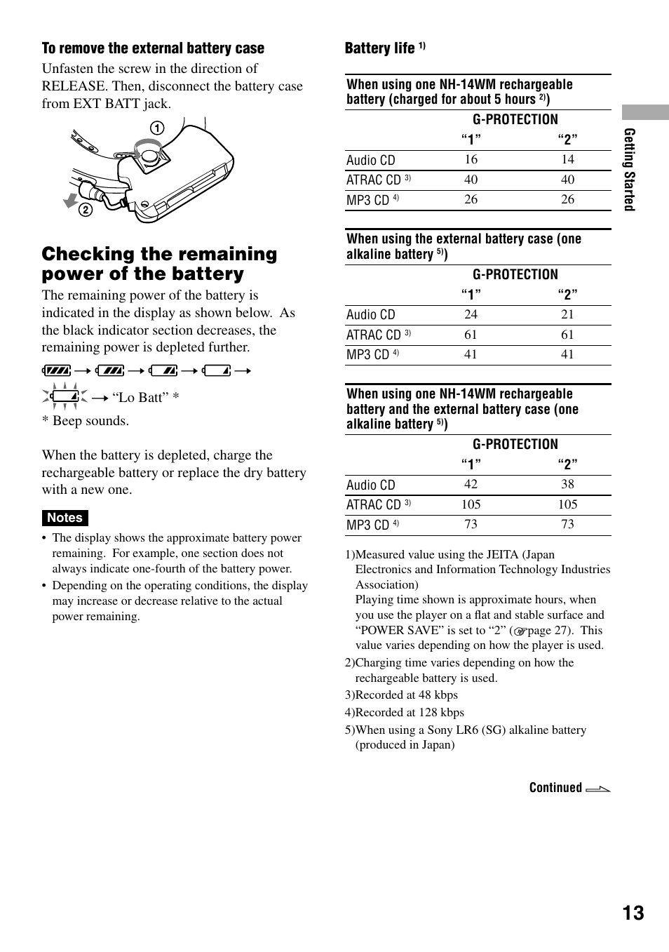 Checking the remaining power of the battery, Checking the remaining power of the, Battery | Sony NE830LS User Manual | Page 13 / 40