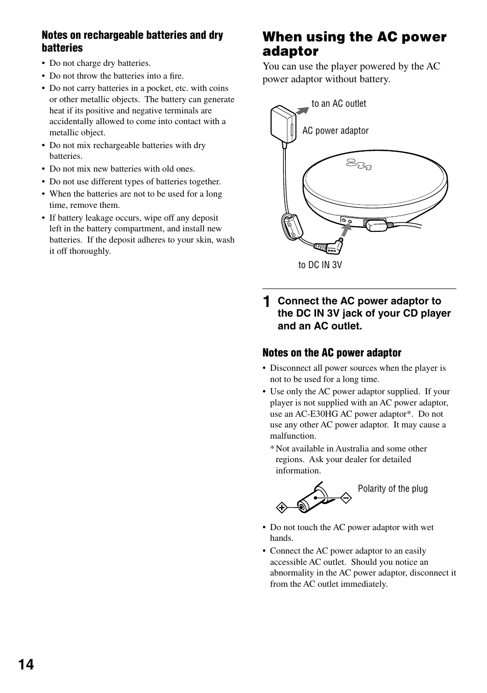 When using the ac power adaptor | Sony NE830LS User Manual | Page 14 / 40
