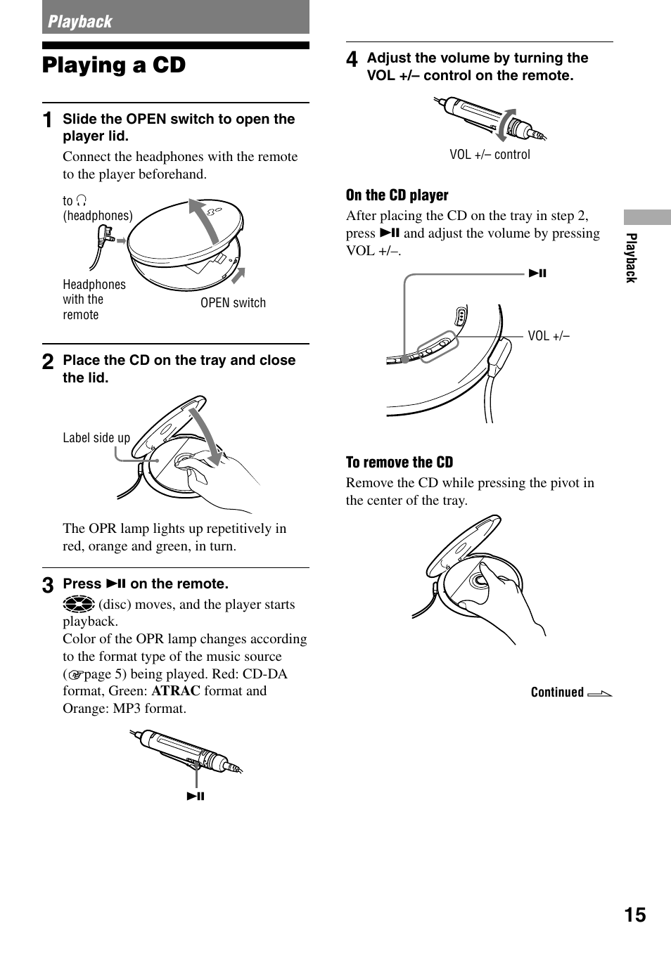 Playback, Playing a cd, Playing a cd 1 | Sony NE830LS User Manual | Page 15 / 40