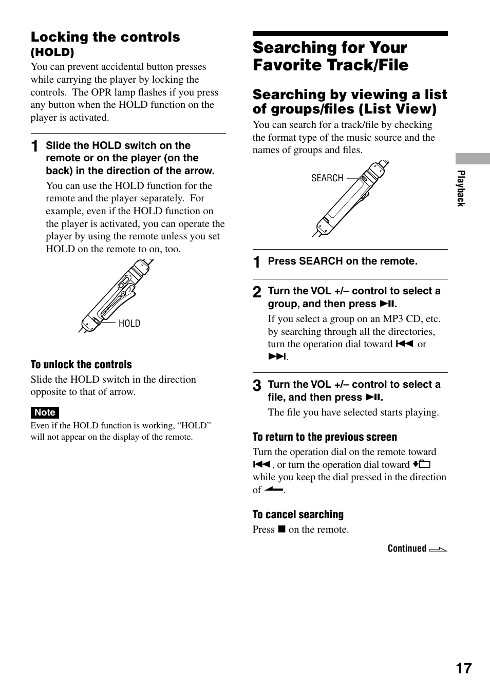 Locking the controls (hold), Searching for your favorite track/file, Searching for your favorite track/file . 17 | Searching by viewing a list of groups/ﬁles, List view), Locking the controls | Sony NE830LS User Manual | Page 17 / 40