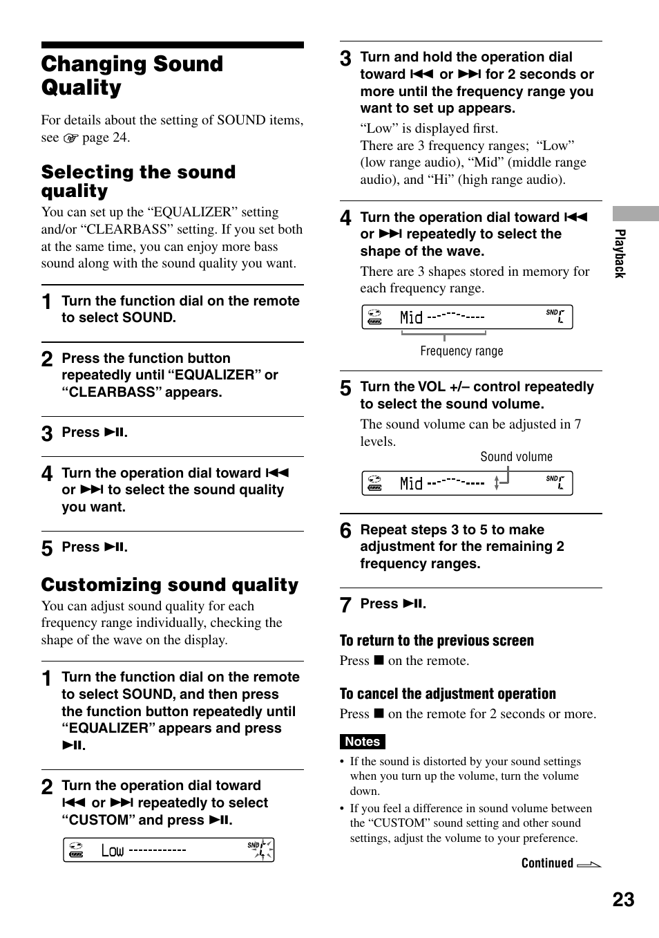 Changing sound quality, Selecting the sound quality, Customizing sound quality | Sony NE830LS User Manual | Page 23 / 40
