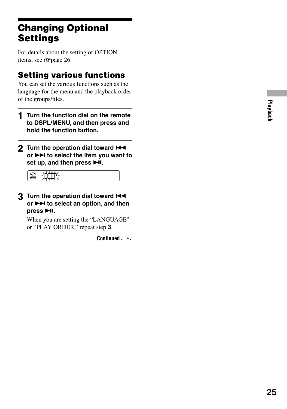 Changing optional settings, Setting various functions | Sony NE830LS User Manual | Page 25 / 40