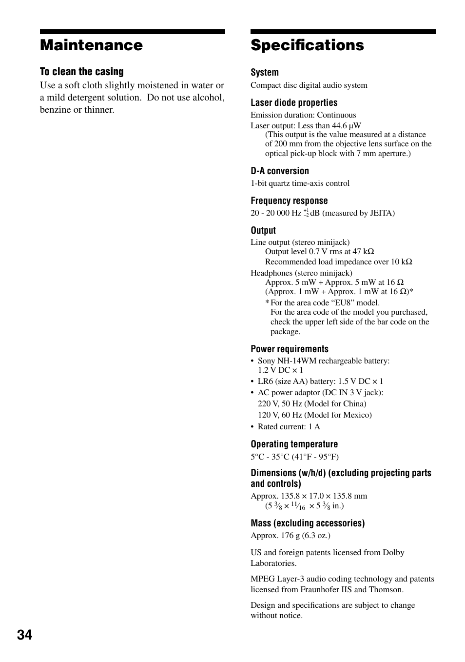Maintenance, Specifications, Maintenance speciﬁcations | Speciﬁcations | Sony NE830LS User Manual | Page 34 / 40