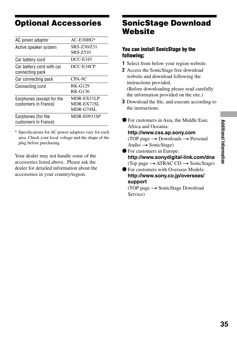 Optional accessories, Sonicstage download website, Optional accessories sonicstage download website | Sony NE830LS User Manual | Page 35 / 40