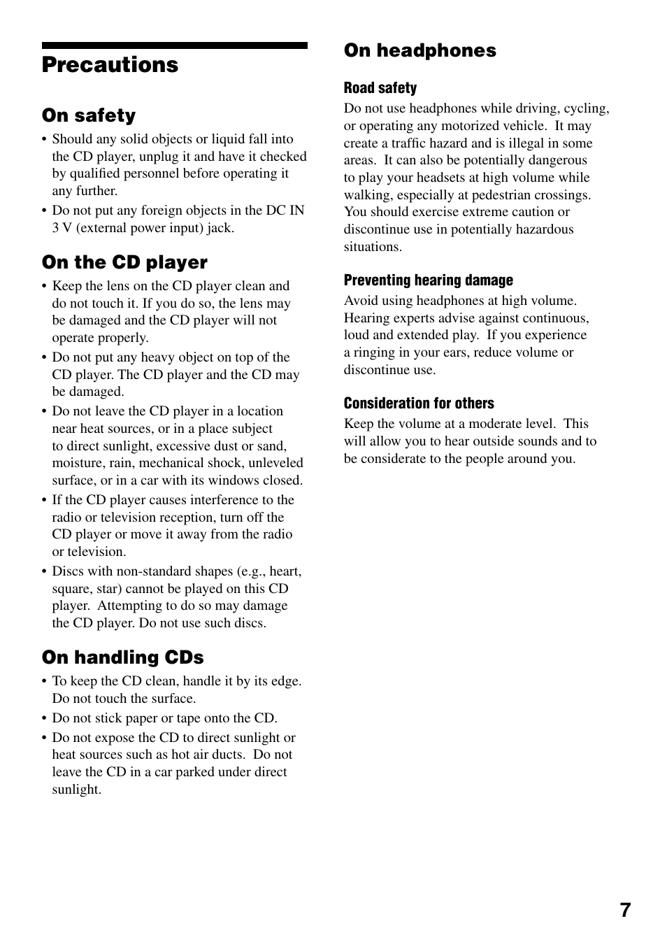 Precautions, On safety, On the cd player | On handling cds, On headphones | Sony NE830LS User Manual | Page 7 / 40